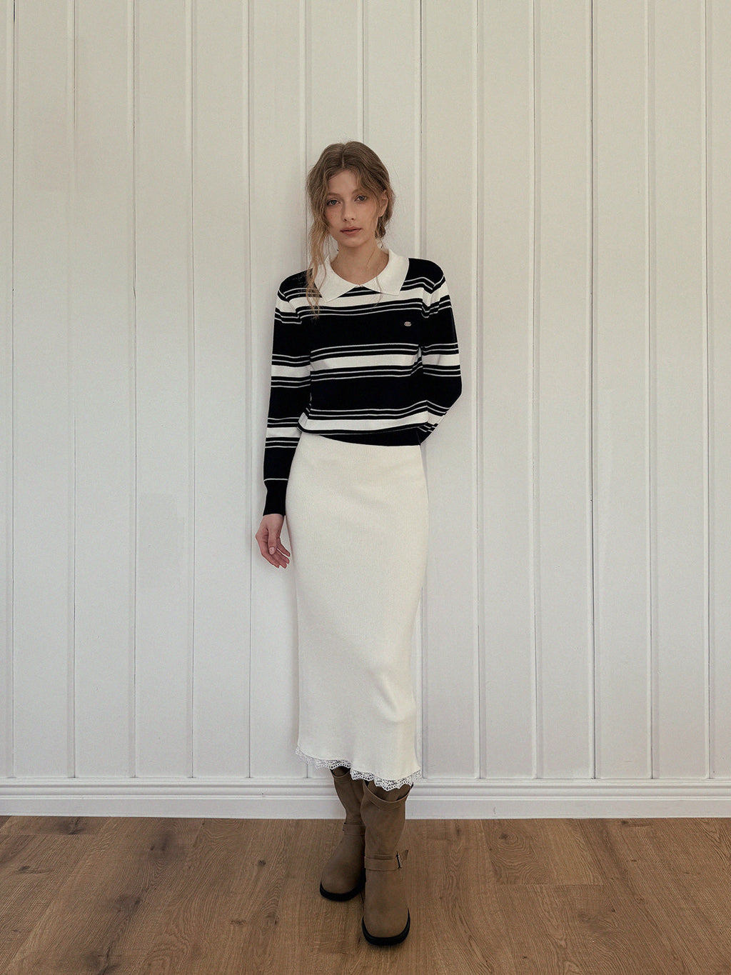 Lucen Stripe Contrast Collar Long Sleeve Knit