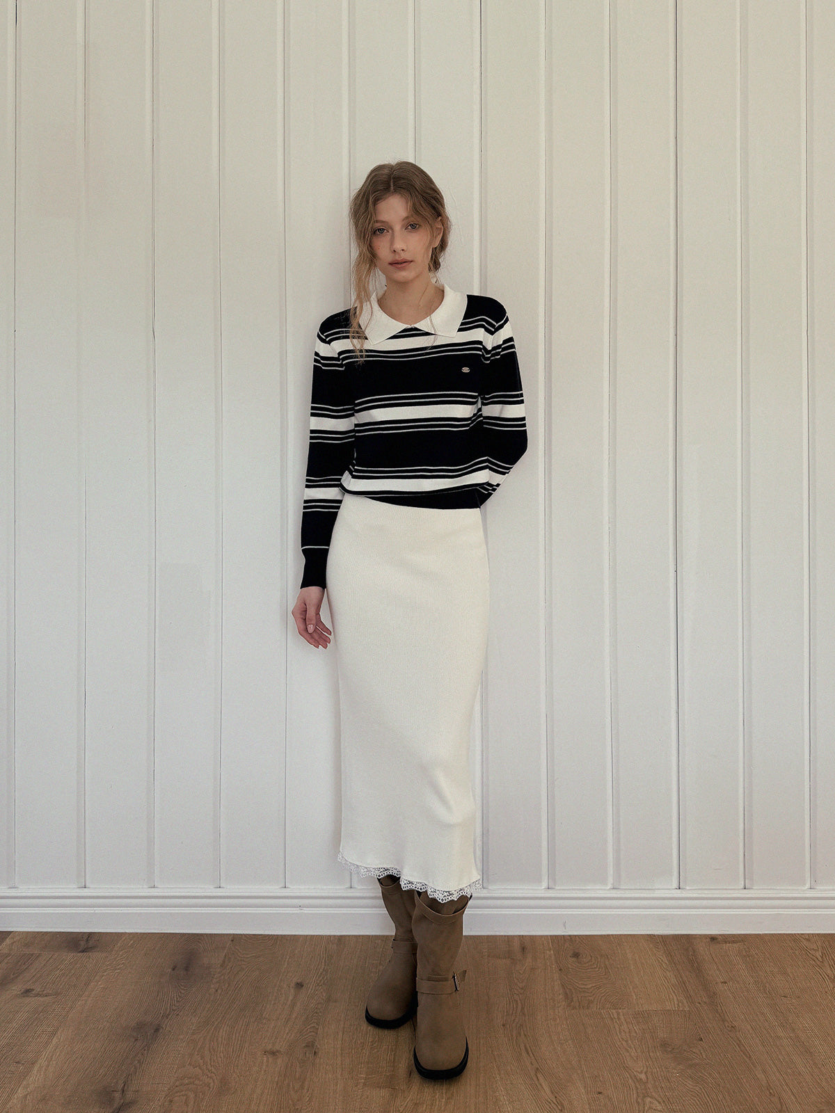 Lucen Stripe Contrast Collar Long Sleeve Knit