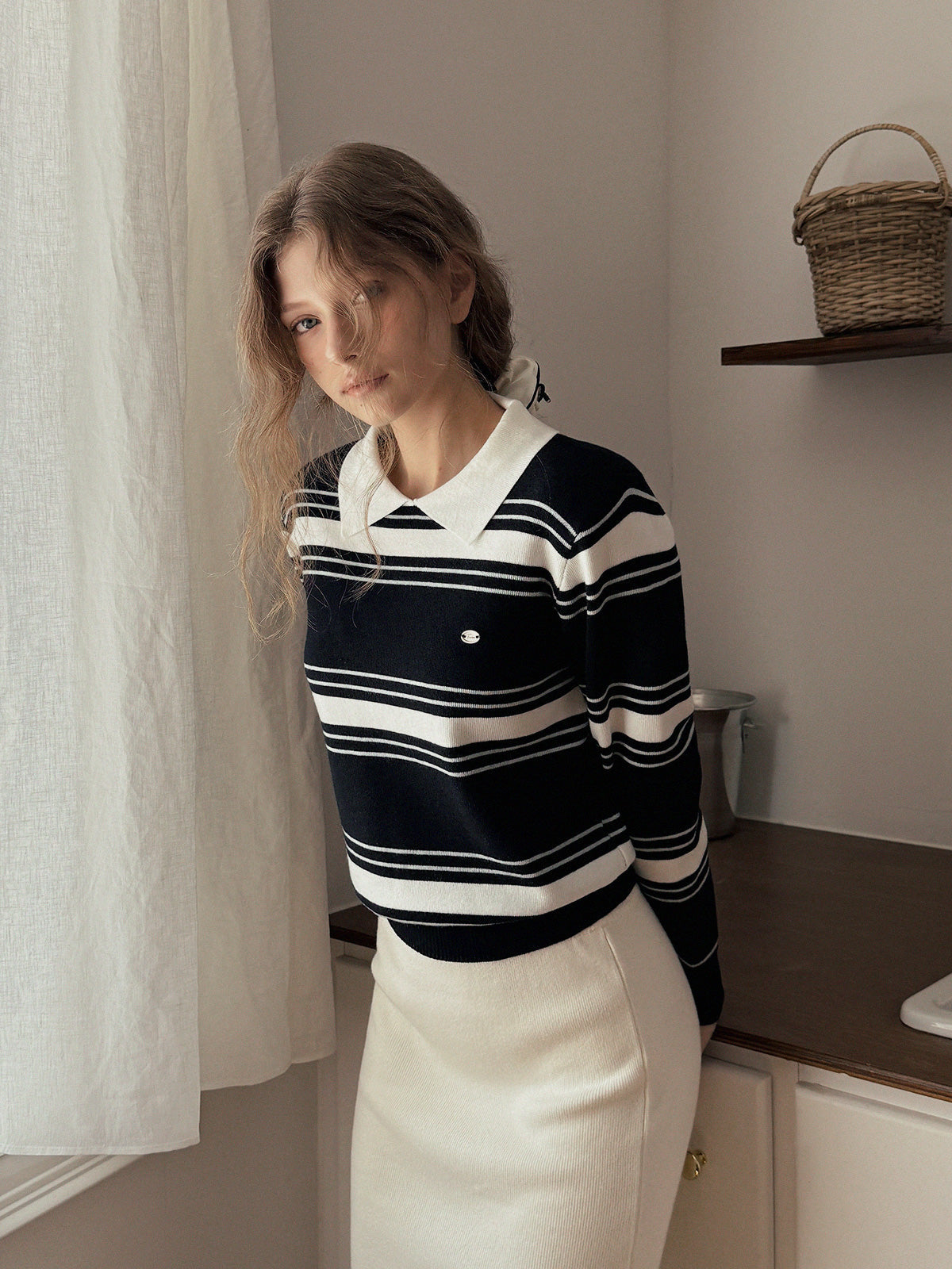 Lucen Stripe Contrast Collar Long Sleeve Knit